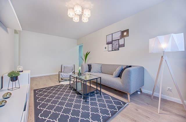Nystylat vardagsrum med grå soffa, mönstrad matta och golvlampa